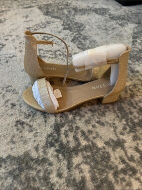 Link Shimmery Gold Ankle-Strap Low Block Heel Sandals